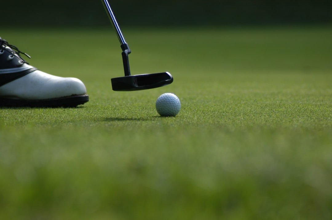 Close-up of a golf shoe, putter, and ball on the green.